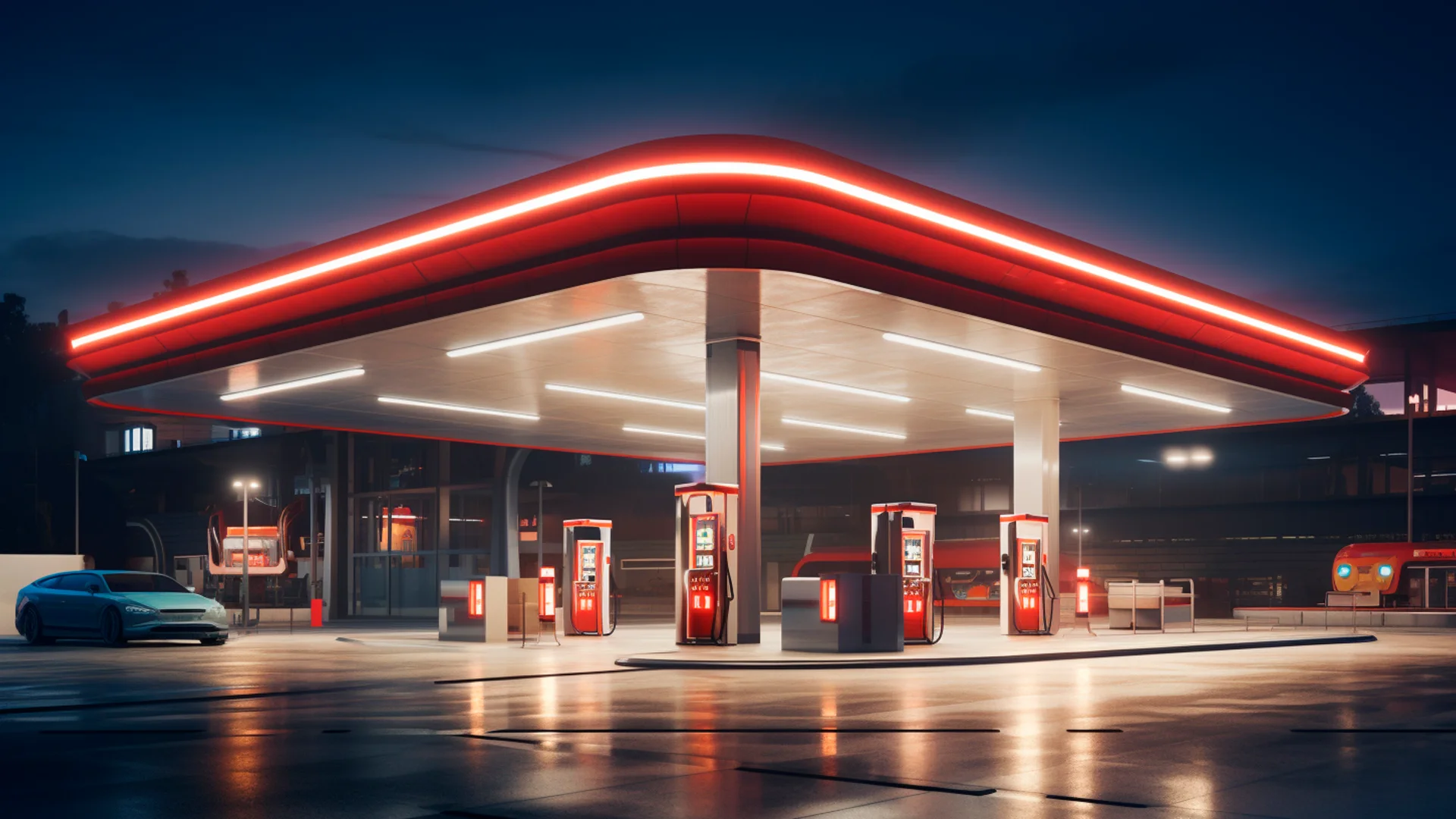 Imagem noturna de um lindo posto de gasolina, simbolizando ideias criativas para posto de gasolina