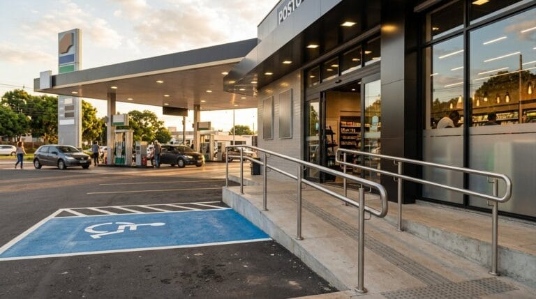 Vaga de acessibilidade e rampa com corrimão na entrada da loja de conveniência do posto