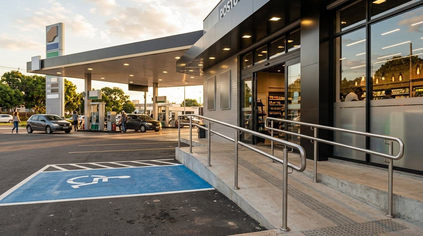 Vaga de acessibilidade e rampa com corrimão na entrada da loja de conveniência do posto