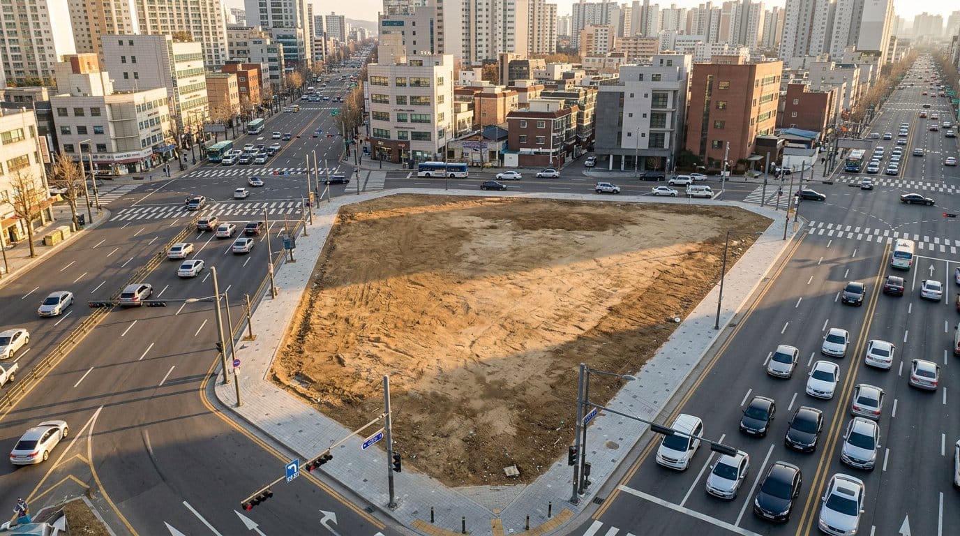 Vista aérea de terreno de esquina em avenida movimentada para análise locacional de posto de gasolina