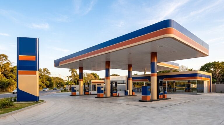 Posto de gasolina com identidade visual padronizada em toda a estrutura