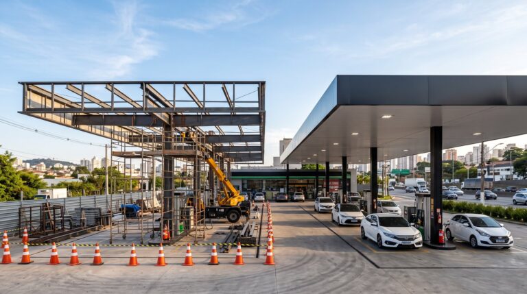 Ampliação de posto de gasolina em operação com nova cobertura em construção