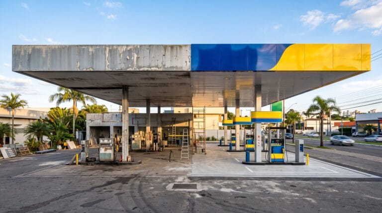 Posto de gasolina em transformação de bandeira branca para embandeirado