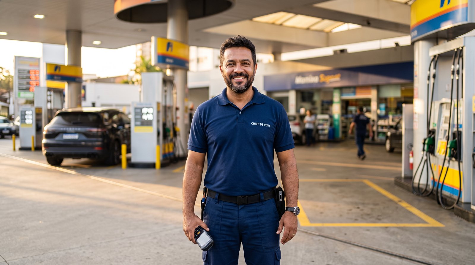 Chefe de pista uniformizado no pátio de um posto de combustível moderno
