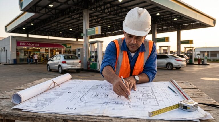 Arquiteto analisando o projeto de um posto de gasolina no canteiro