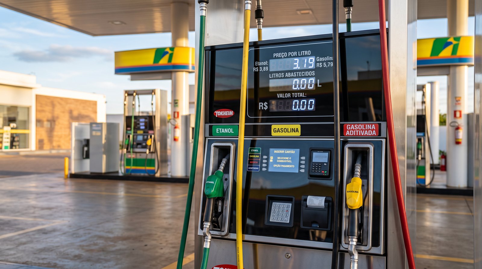 Bombas de combustivel modernas com comunicadores digitais em posto de gasolina
