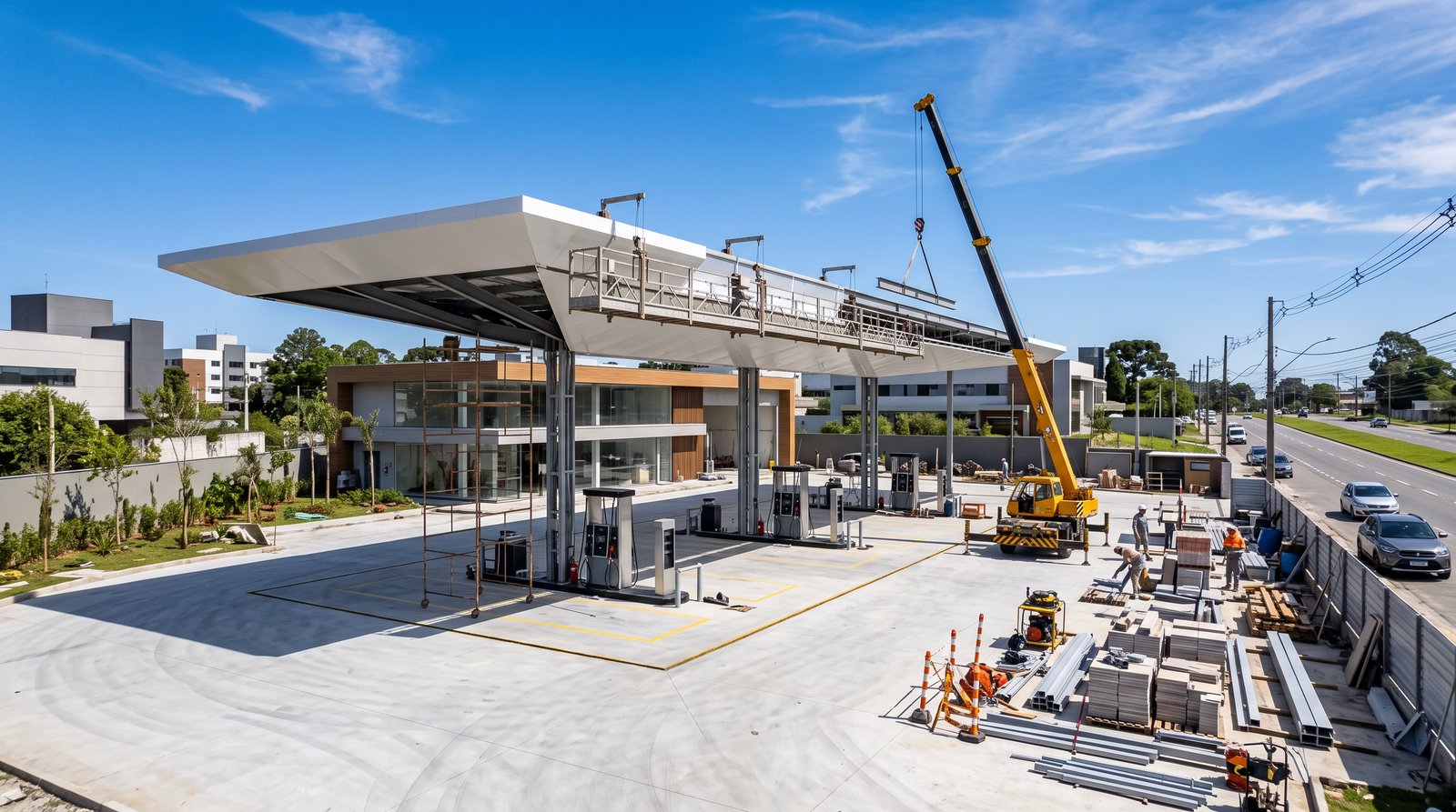 Construção de posto de gasolina moderno com guindaste montando a cobertura
