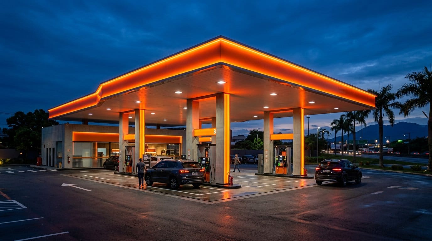 Posto de gasolina iluminado ao anoitecer com iluminação colorida marcante na testeira e nas colunas