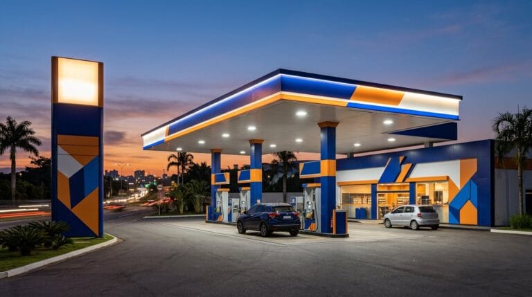 Posto de gasolina ao entardecer com testeira, totem e fachada na mesma identidade visual