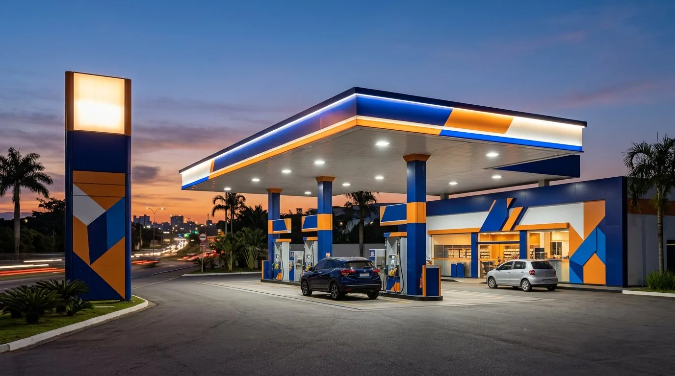 Posto de gasolina ao entardecer com testeira, totem e fachada na mesma identidade visual