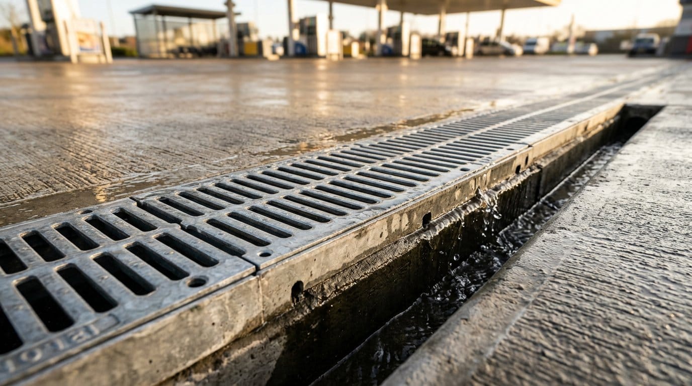 Canaleta de drenagem oleosa em aço inox atravessando o piso do pátio do posto conforme NBR 13786