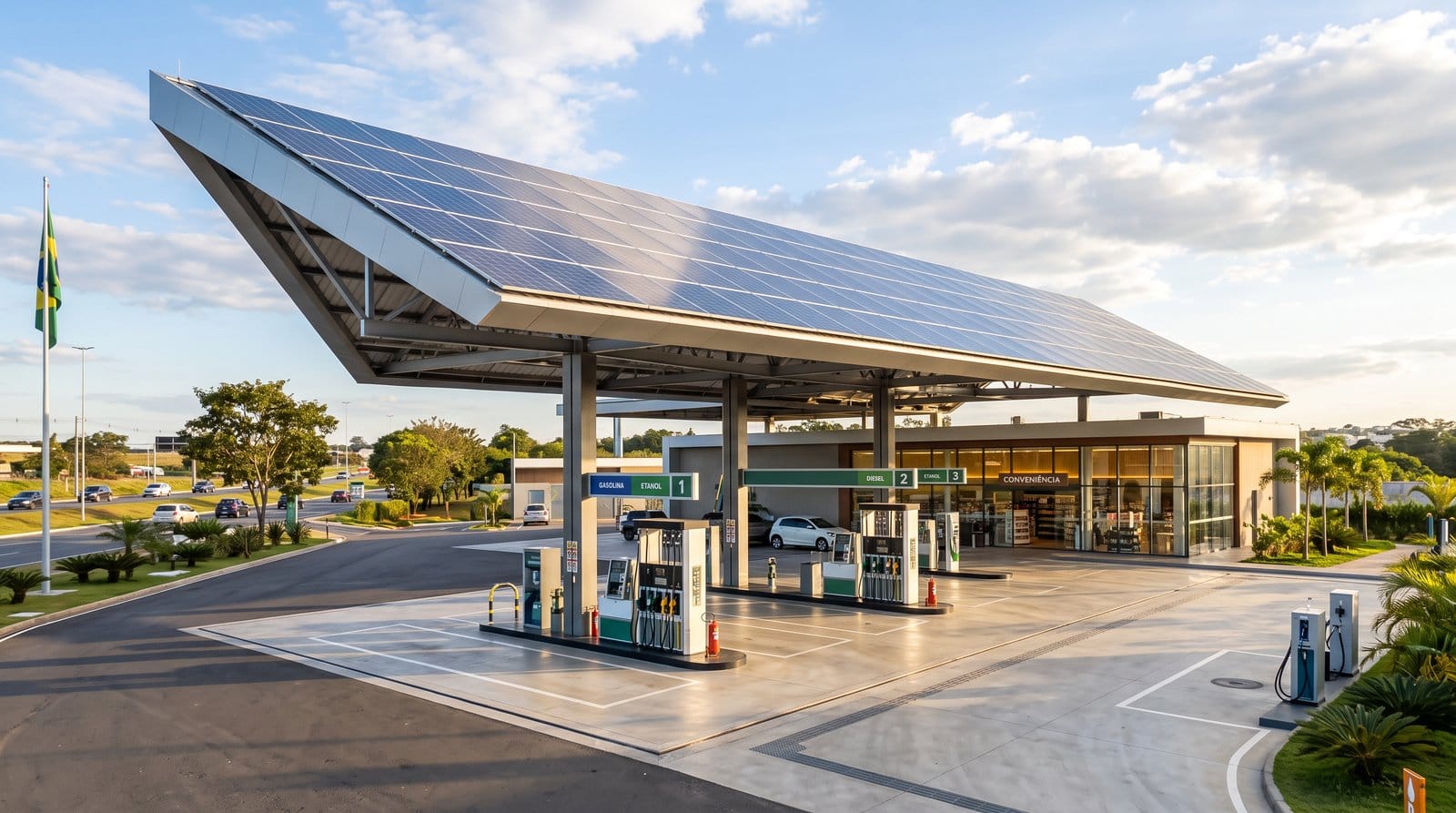 Posto de gasolina moderno com painéis solares na cobertura sob céu azul