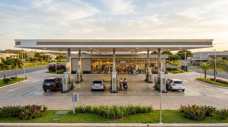 Posto de gasolina no padrão arquitetônico de rede, com fachada simétrica e paisagismo cuidado