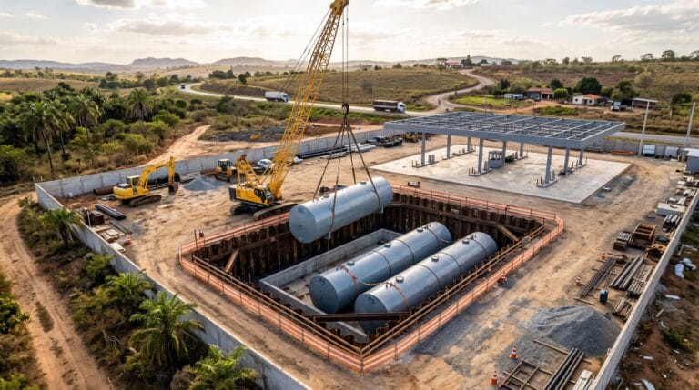 Construção de posto conforme a legislação da ANP com instalação de tanques