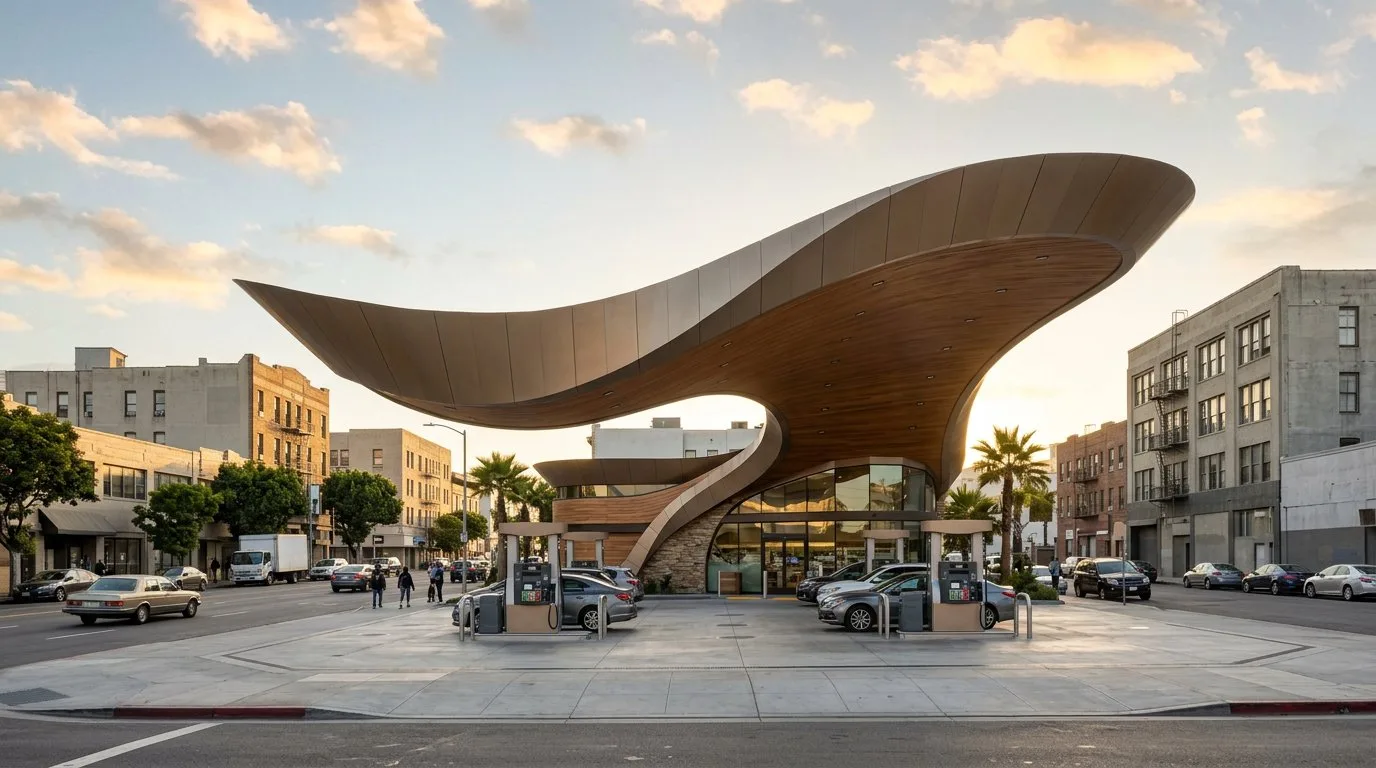 Posto de gasolina com cobertura curva escultural se destacando das construções vizinhas