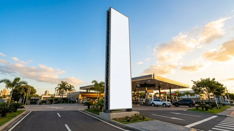 Totem de posto de combustível com painel liso, pronto para receber o nome da marca