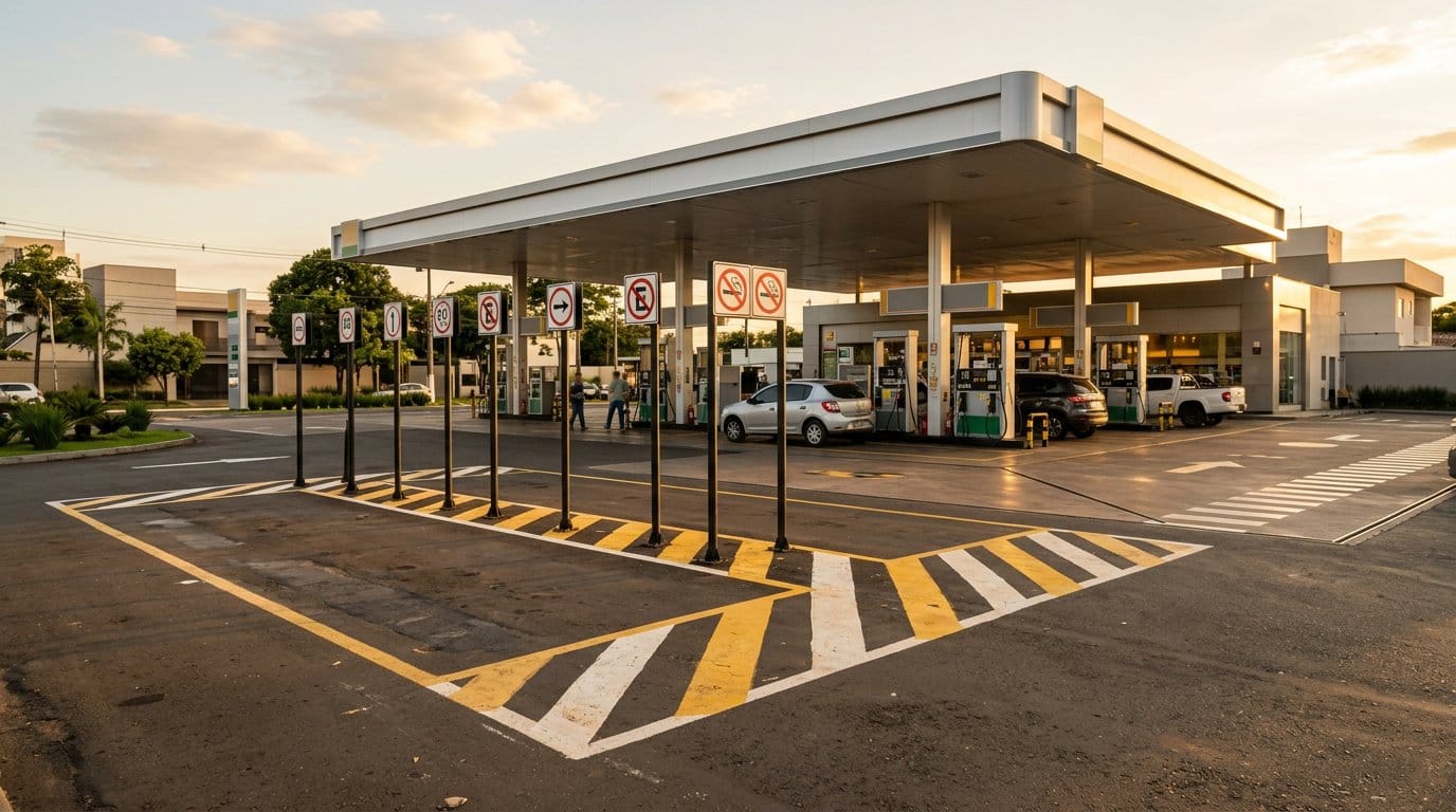 Área de descarga de combustível sinalizada conforme a NR-20 em projeto de posto de gasolina