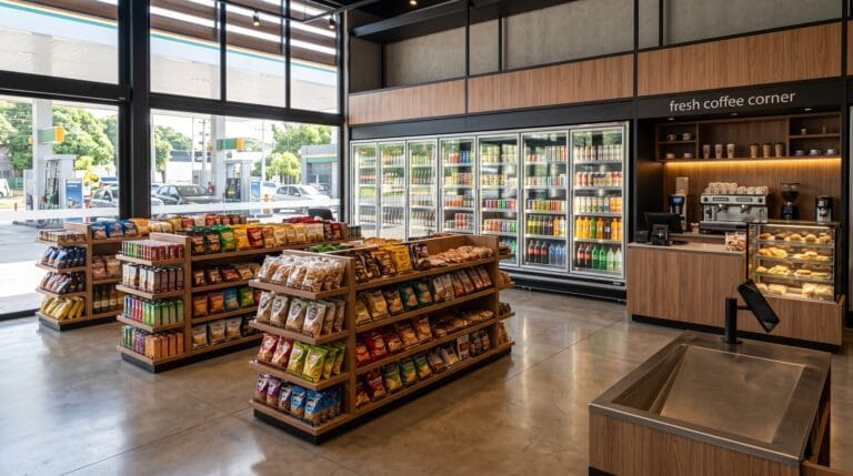 Interior de loja de conveniência de posto com produtos de alto giro