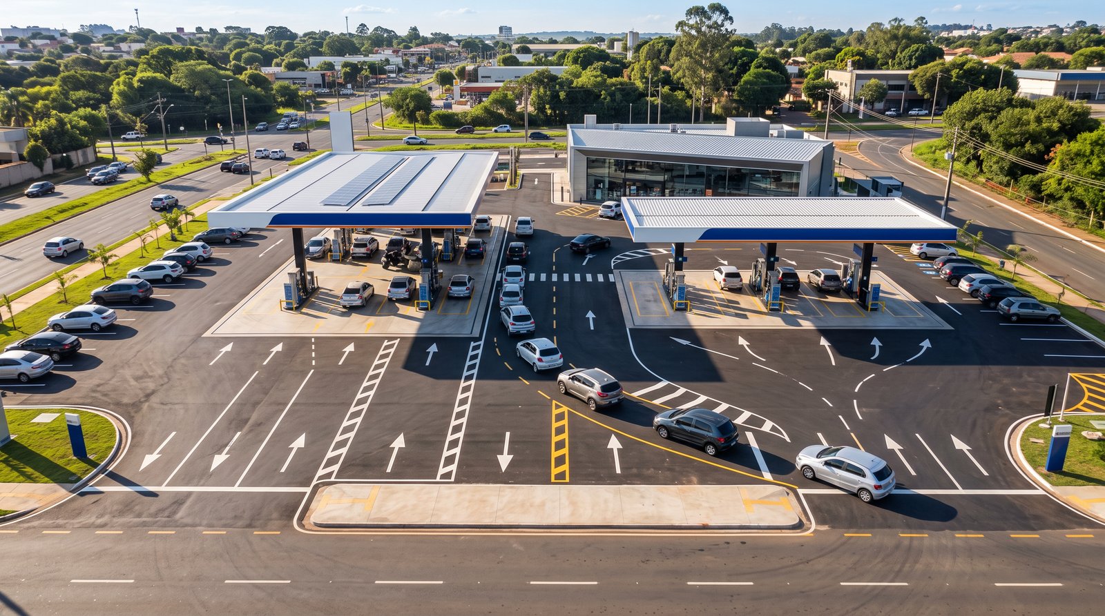Pátio de posto de gasolina com fluxo organizado e sinalização de solo