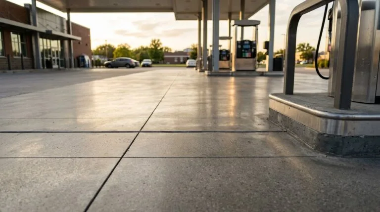 Piso de concreto polido com revestimento epóxi refletindo a iluminação da cobertura do posto