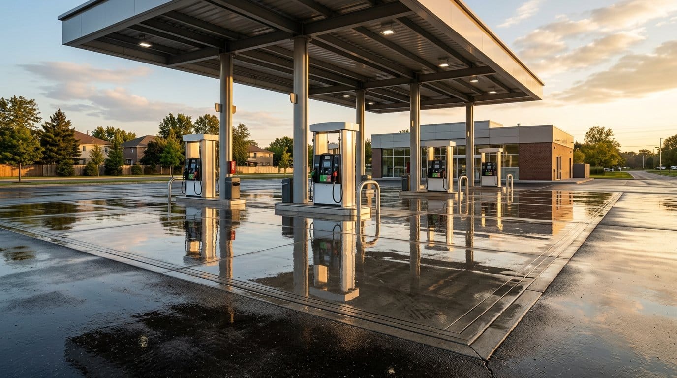 Pátio de posto de gasolina recém-lavado com o piso refletindo a cobertura e as ilhas de abastecimento