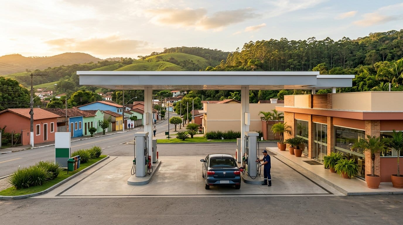 Posto de gasolina moderno e bem cuidado na avenida principal de uma cidade pequena do interior