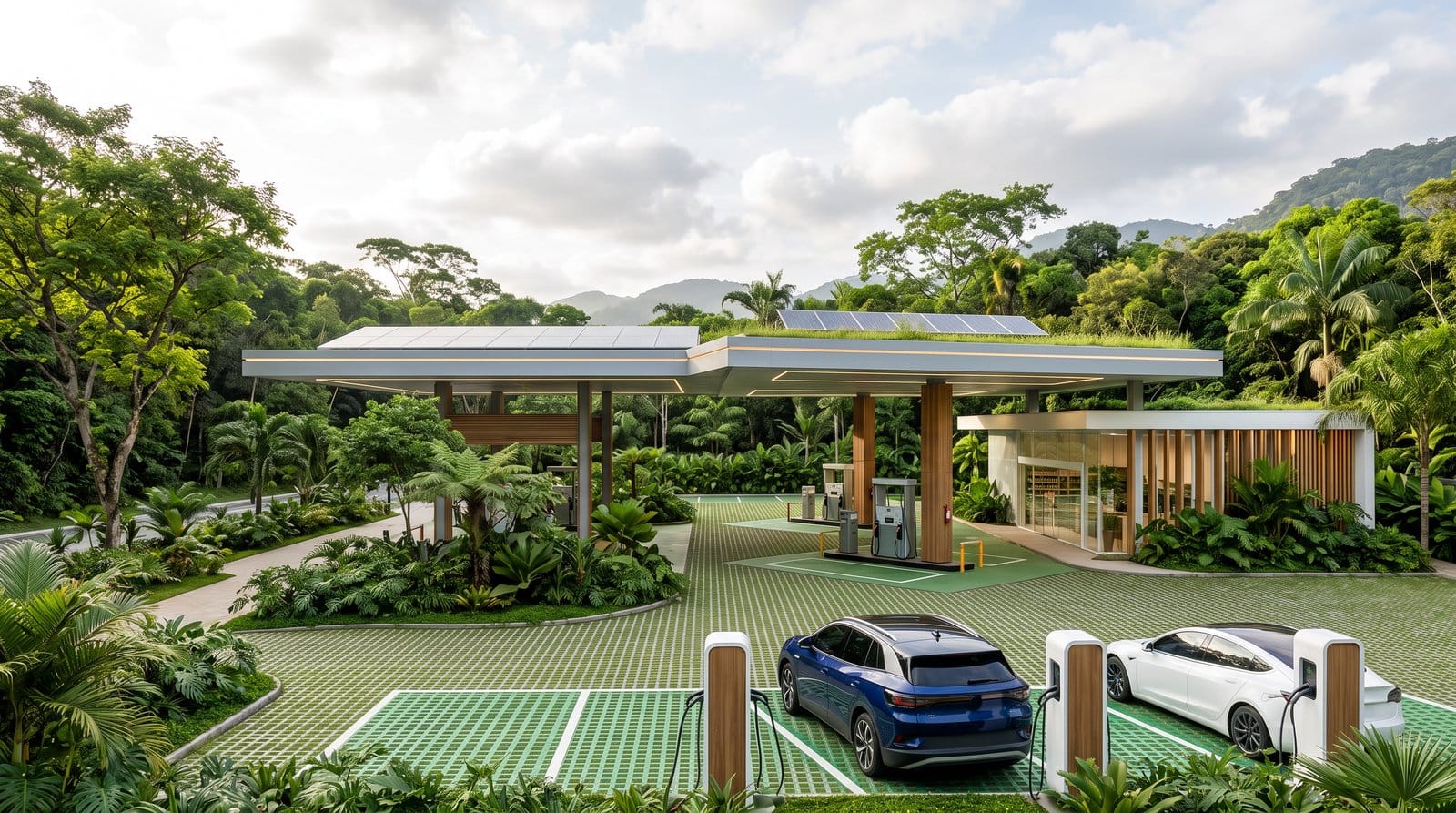 Posto de gasolina sustentável com telhado verde, energia solar e carregadores de veículos elétricos