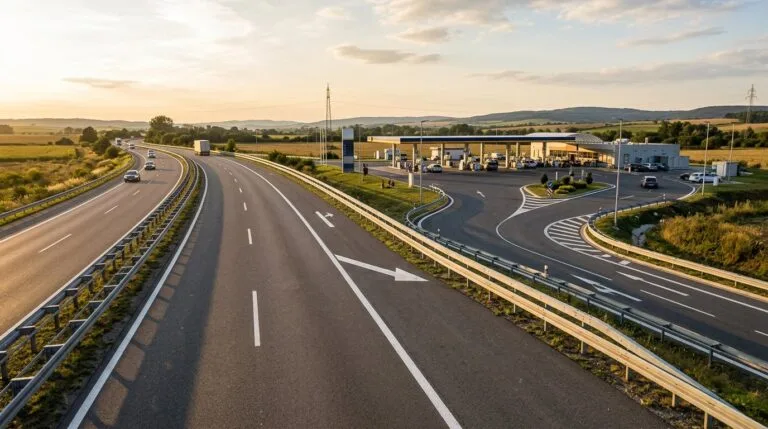 Faixa de desaceleração de rodovia federal dando acesso à entrada de um posto de combustível
