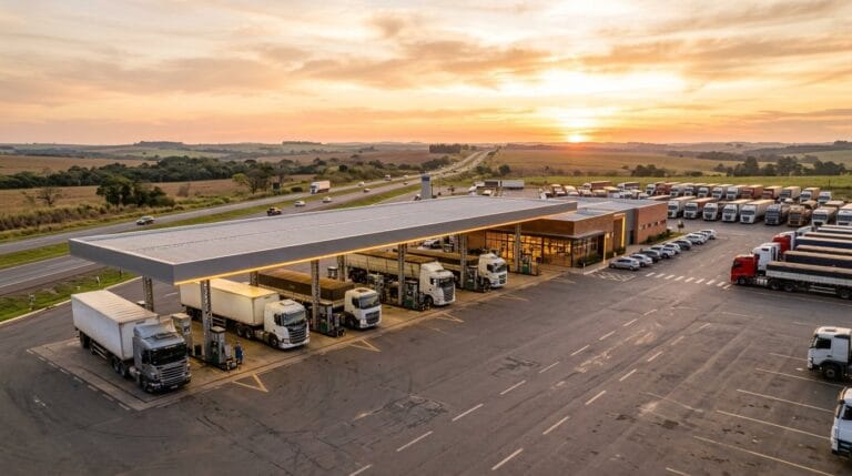 Posto de rodovia com cobertura ampla e caminhões estacionados nas baias
