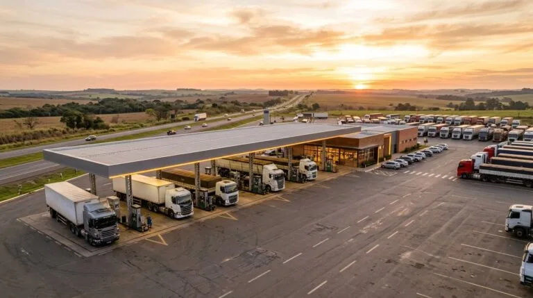 Posto de rodovia com cobertura ampla e caminhões estacionados nas baias