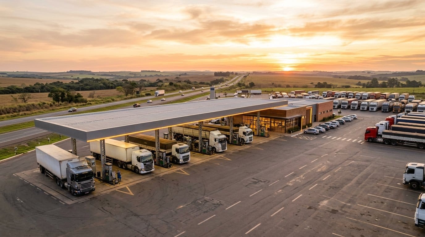Posto de rodovia com cobertura ampla e caminhões estacionados nas baias
