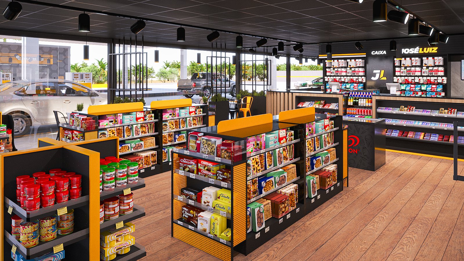 Loja de conveniência de posto projetada do zero com layout moderno e mix de produtos