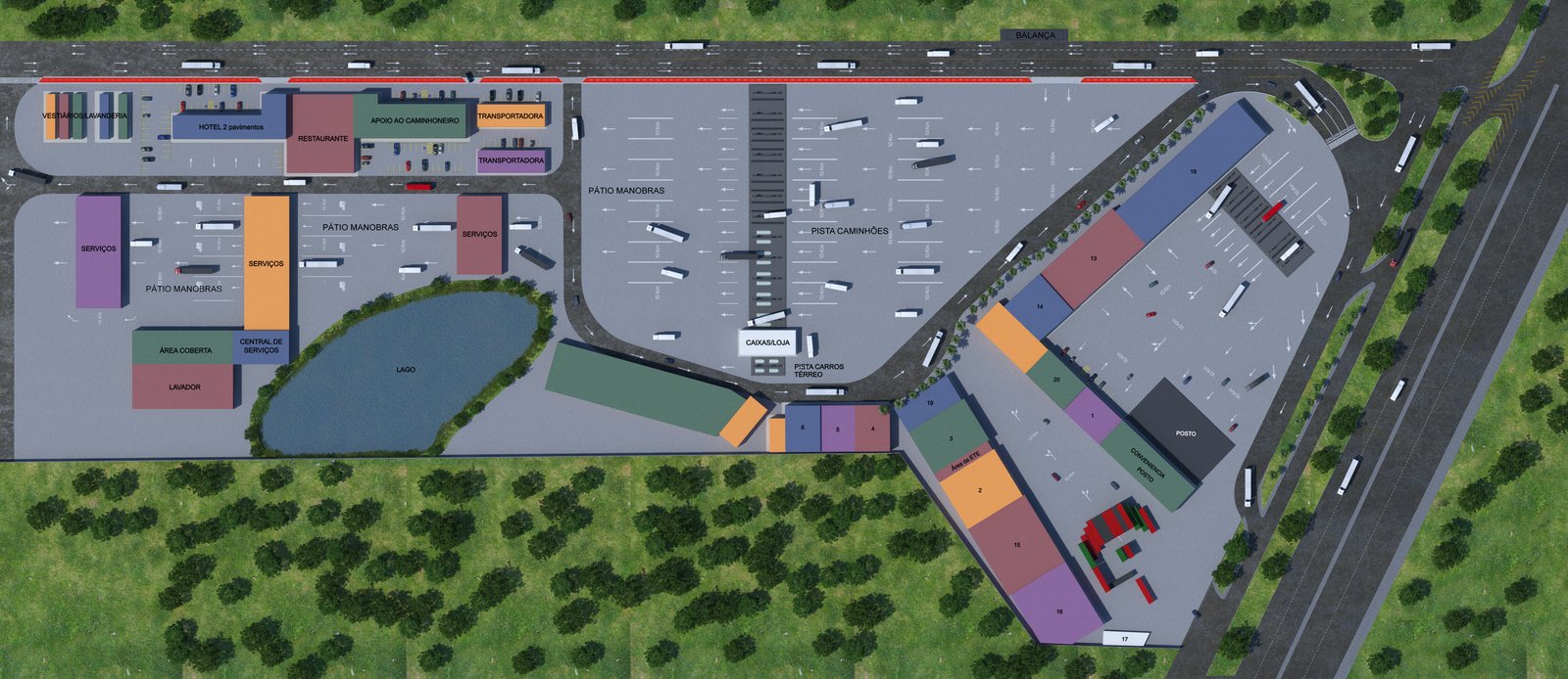 Projeto completo de posto e truck stop em rodovia federal com pátio de manobras e pista de caminhões