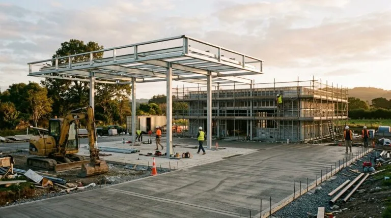 Posto de gasolina em construção com estrutura metálica montada e concretagem do pátio em andamento