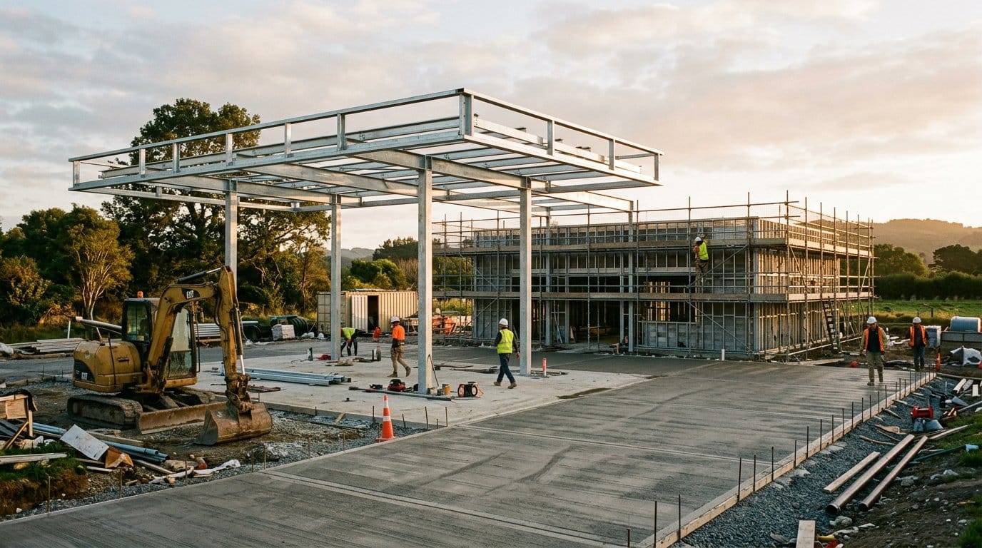 Posto de gasolina em construção com estrutura metálica montada e concretagem do pátio em andamento