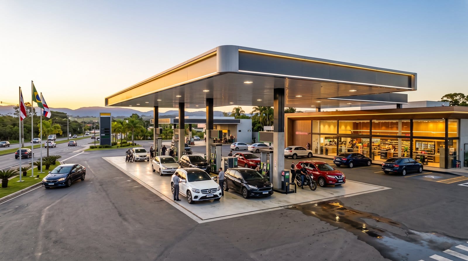 Posto de gasolina moderno e movimentado ao entardecer, simbolizando bom retorno sobre investimento