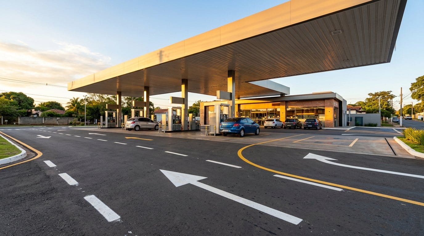Sinalização de piso no pátio do posto de gasolina guiando o cliente até a loja de conveniência