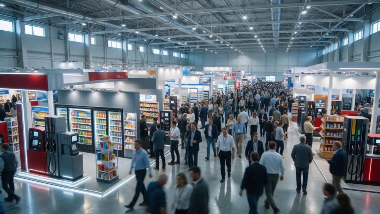 Pavilhão da ExpoPostos 2026 com estandes de equipamentos e conveniência e visitantes circulando