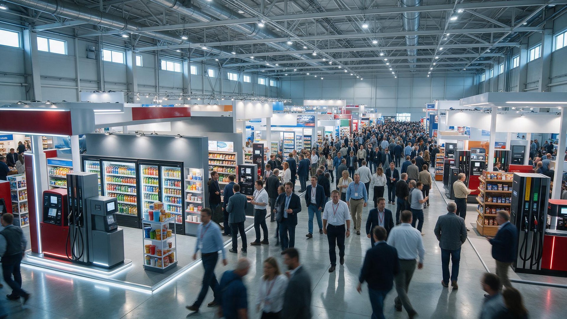 Pavilhão da ExpoPostos 2026 com estandes de equipamentos e conveniência e visitantes circulando